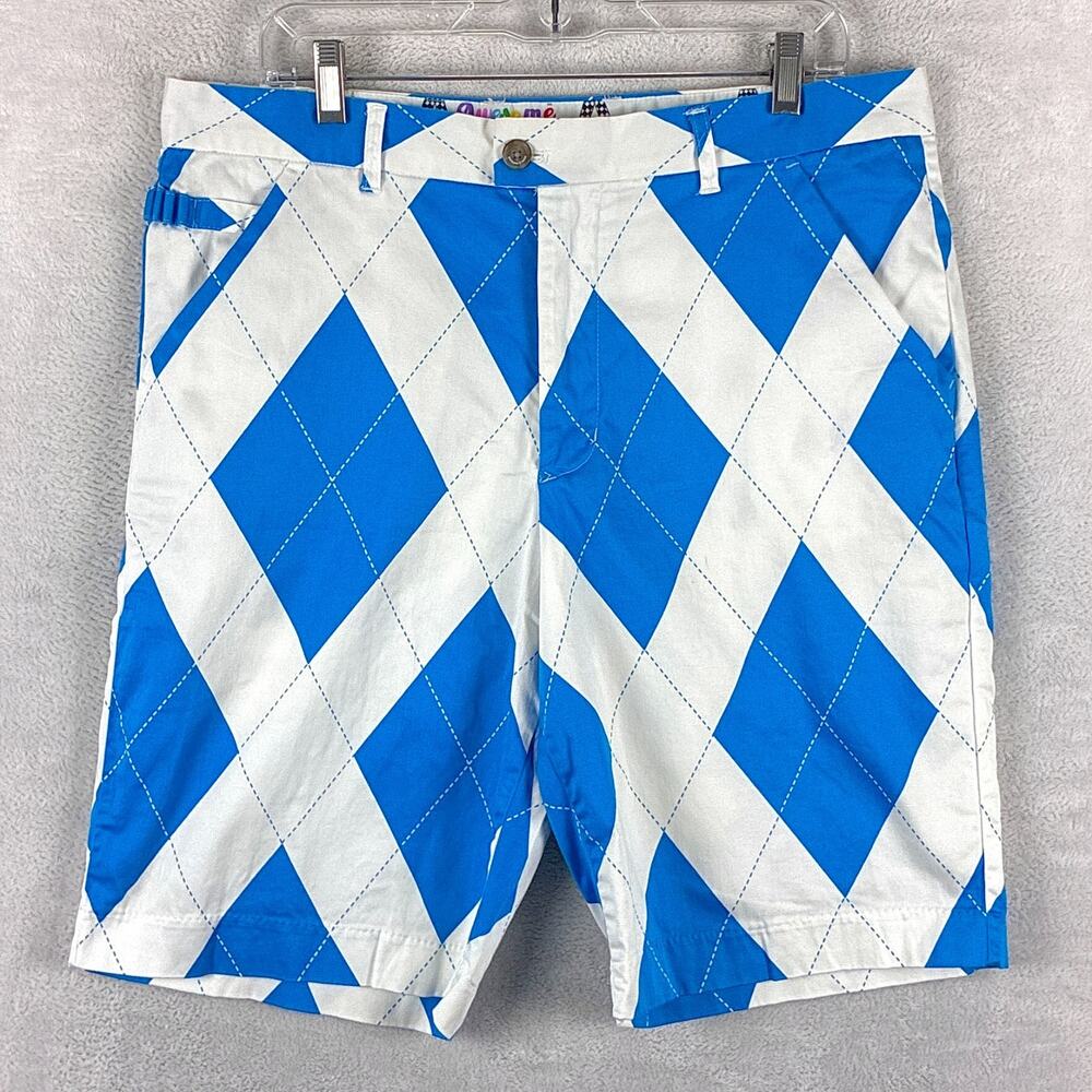 Royal and Awesome Shorts Mens 36 White Blue Argyle Preppy Golf Summer Outdoors